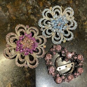 3 Elegant Floral Brooch Set - Silver, Purple, Pink